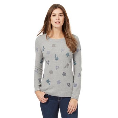 Mantaray Grey leaf embroidered knitted jumper